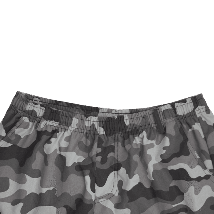 Close-up top view of the elastic waistband and upper front of grey camouflage men's cargo shorts, showing the textured elastic and gathering.
