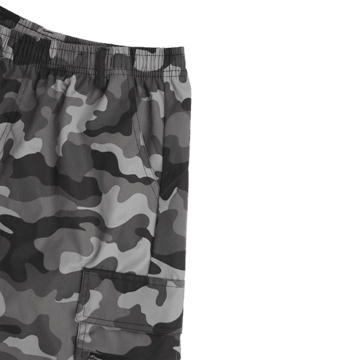 Close-up view of the upper side of grey camouflage men's cargo shorts, highlighting the side slash pocket and the upper part of the cargo pocket.