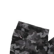 Close-up view of the side cargo pocket on grey camouflage men's shorts, featuring a prominent zipper on the smaller top compartment and a brand tab.