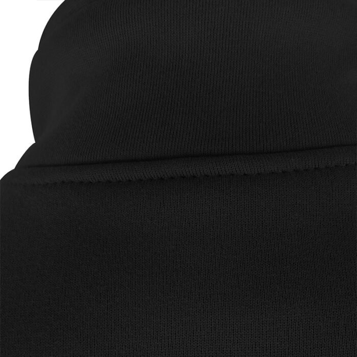 Close-up of the interior fleece lining and inner stitching of a black stand-collar half-zip sweatshirt, part of a Stand-Collar Half-Zip Sweatshirt Set.
