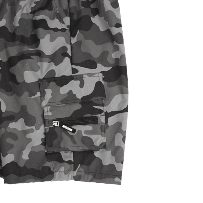 Close-up view of a side cargo pocket on grey camouflage men's shorts, showing the flap closure and a small zippered section with a pull tab.
