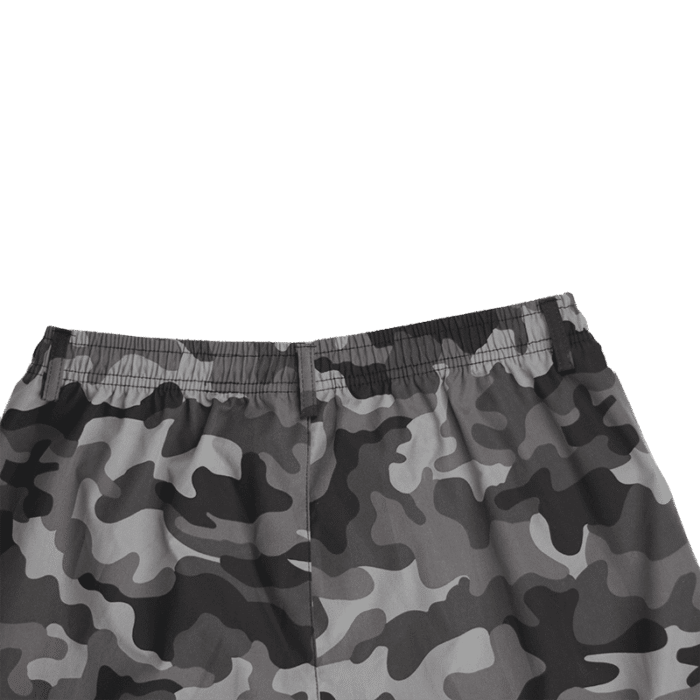 Close-up top back view of the elastic waistband and upper rear of grey camouflage men's cargo shorts, showing the rear elastic gathering.