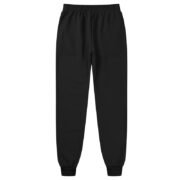 Full back view of plain black sweatpants/joggers with ribbed ankle cuffs and relaxed fit
