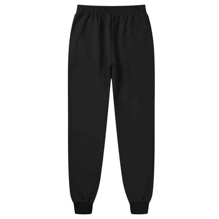 Full back view of plain black sweatpants/joggers with ribbed ankle cuffs and relaxed fit