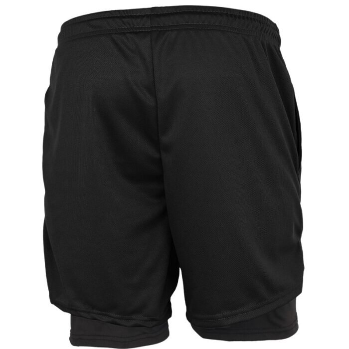 Back view of black double-layer athletic shorts.