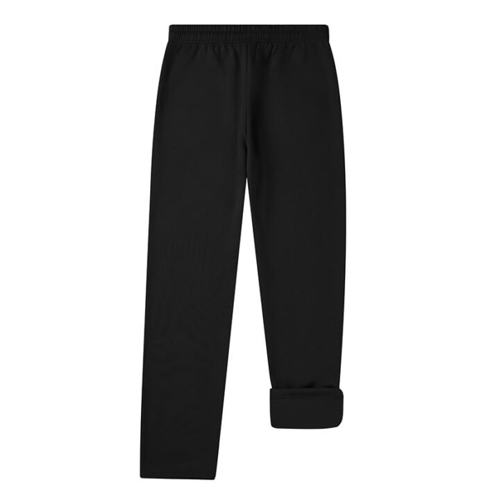 Full back view of black straight-leg sweatpants with an elastic waistband.