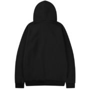 Full back view of a plain black hooded sweatshirt.