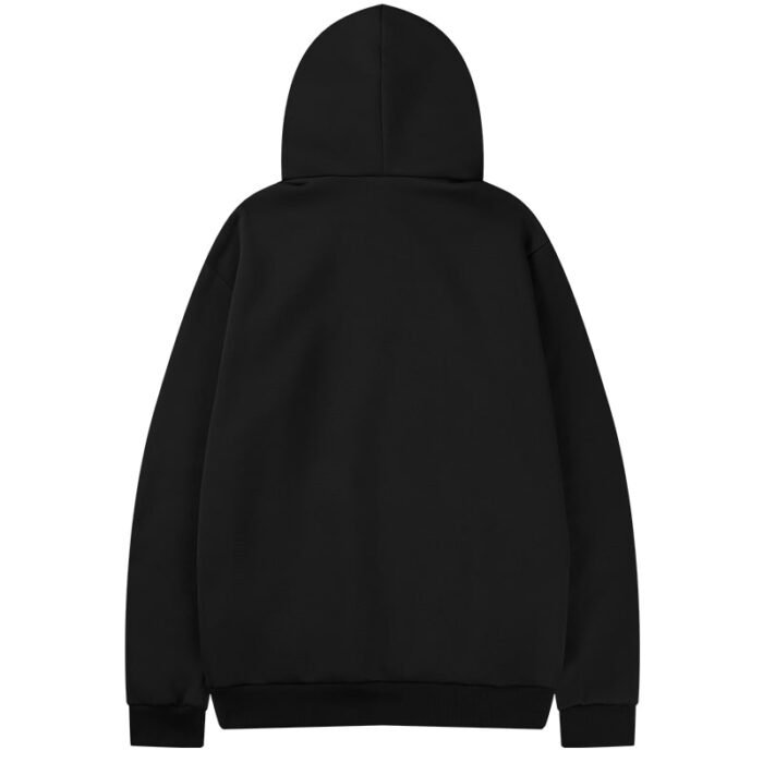 Full back view of a plain black hooded sweatshirt.