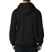 Back view of a man wearing a plain black zip-up hooded sweatshirt.