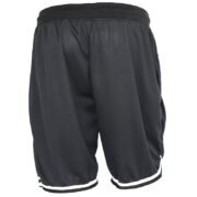 Back view of black zipper shorts with white stripes on the hem.