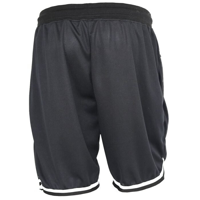 Back view of black zipper shorts with white stripes on the hem.