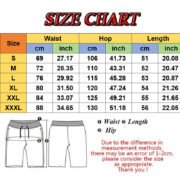 A size chart for men's shorts, displaying measurements in centimeters and inches for Waist, Hip, and Length across sizes S to XXXL, with a diagram illustrating measurement points and a note about 1-2cm error.