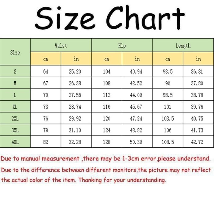 Detailed size chart for long athletic pants showing waist, hip, and length measurements in CM and Inch, with measurement diagram