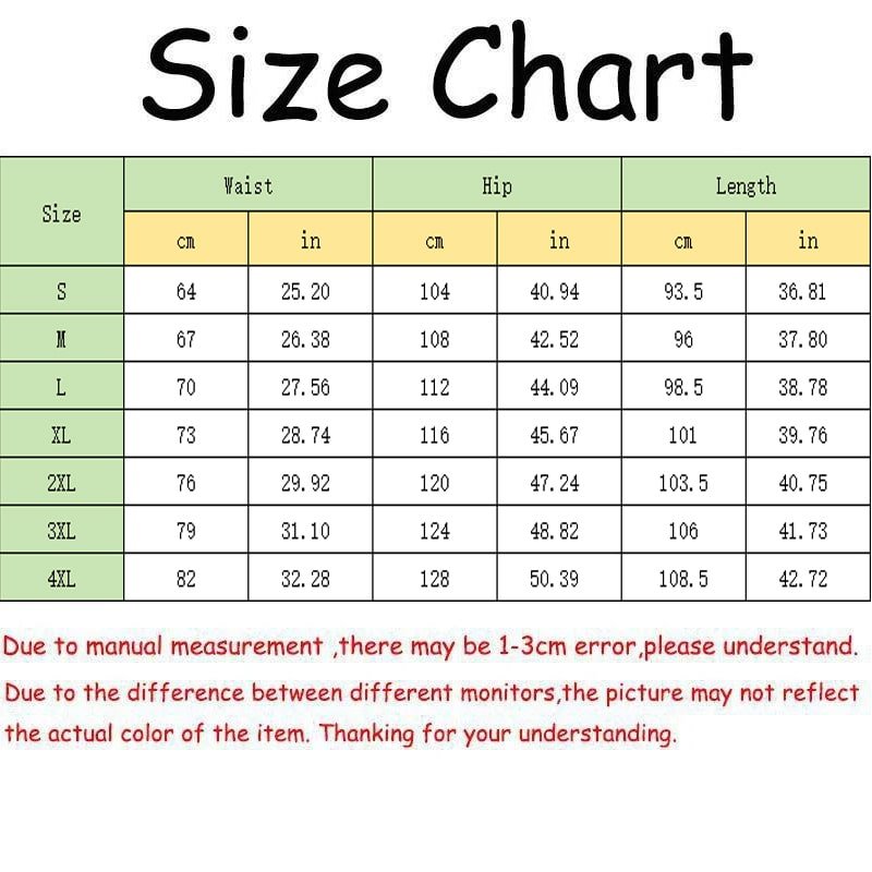 Detailed size chart for long athletic pants showing waist, hip, and length measurements in CM and Inch, with measurement diagram