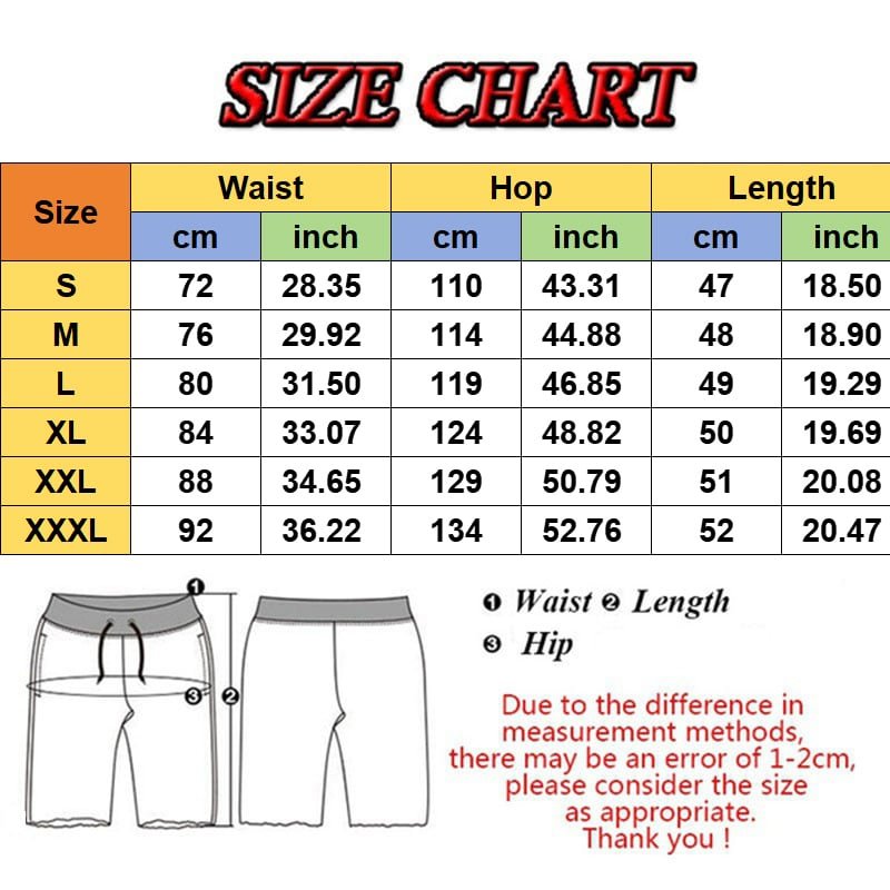Size chart for men's shorts, displaying waist, hip, and length measurements in centimeters and inches for sizes S to 3XL.