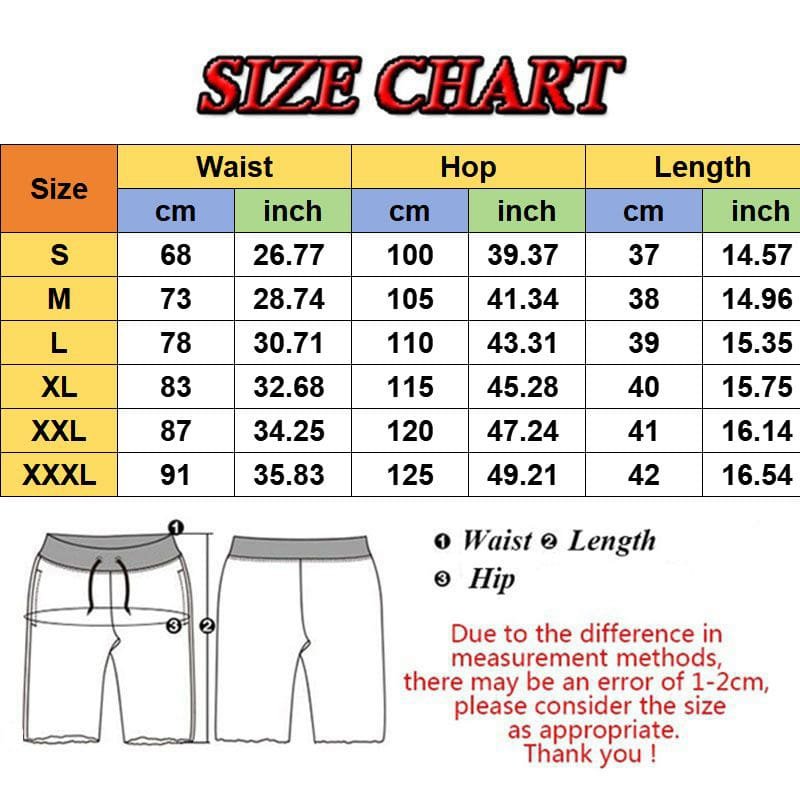 Men's 2-in-1 Running Shorts Size Chart - Waist, Hop, Length Measurements in CM & Inch