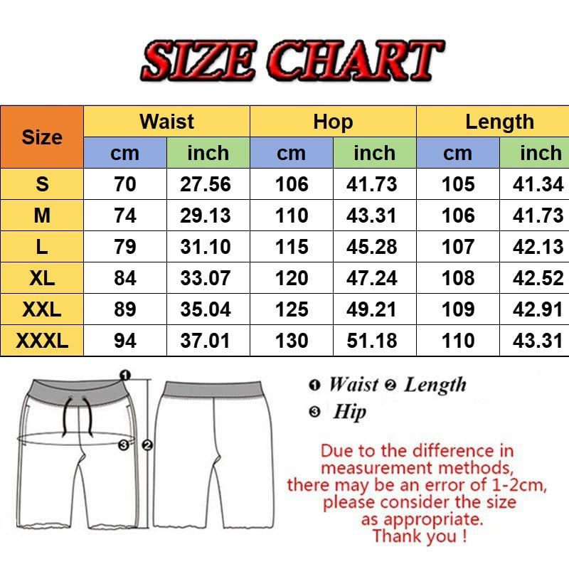 250G Jogger Pants Size Chart showing Waist, Hip, and Length measurements in CM and Inch, with diagram and notes on measurement error