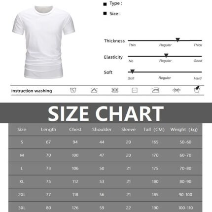 Men's T-shirt Size Chart - Length, Chest, Shoulder, Sleeve, Height, Weight Measurements in CM & KG
