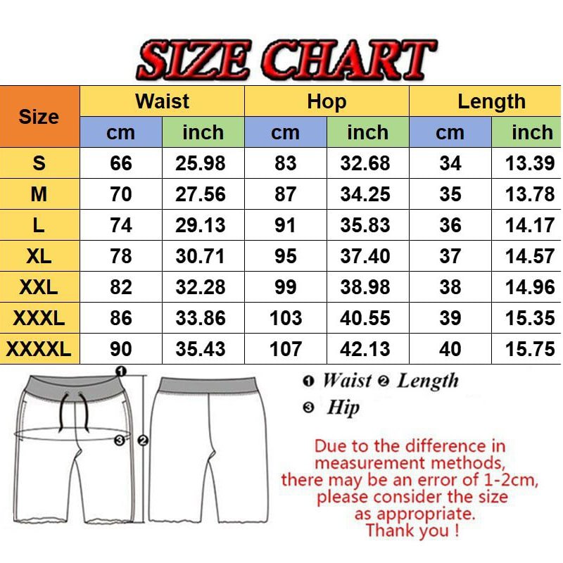 Size chart for women's shorts, displaying pant length, waist, and hip measurements in centimeters for sizes S to 3XL.