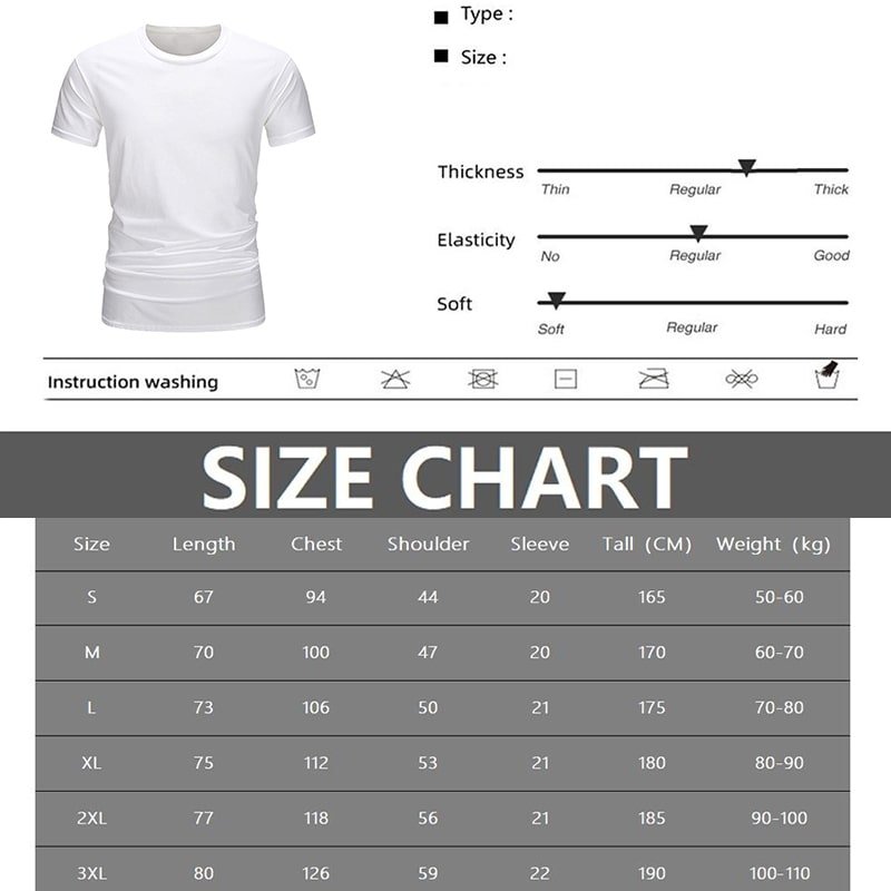 Men's T-shirt Size Chart - Length, Chest, Shoulder, Sleeve, Height, Weight Measurements in CM & KG
