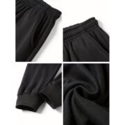 Quad panel image of black sweatpants/joggers showing elastic waistband with pockets, ribbed ankle cuffs, and fabric texture