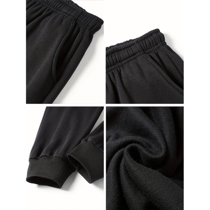Quad panel image of black sweatpants/joggers showing elastic waistband with pockets, ribbed ankle cuffs, and fabric texture