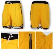 Front and back views of yellow zipper shorts with black and white striped hems, along with close-up details of the waistband, side zipper, and fabric.