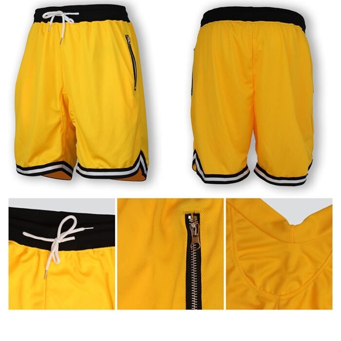 Front and back views of yellow zipper shorts with black and white striped hems, along with close-up details of the waistband, side zipper, and fabric.
