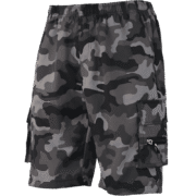 A pair of men's cargo shorts with a grey-toned camouflage pattern, featuring side zippered pocket details.