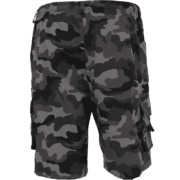 Full back view of men's grey camouflage cargo shorts, clearly showing the two rear cargo pockets and the overall fit from behind.