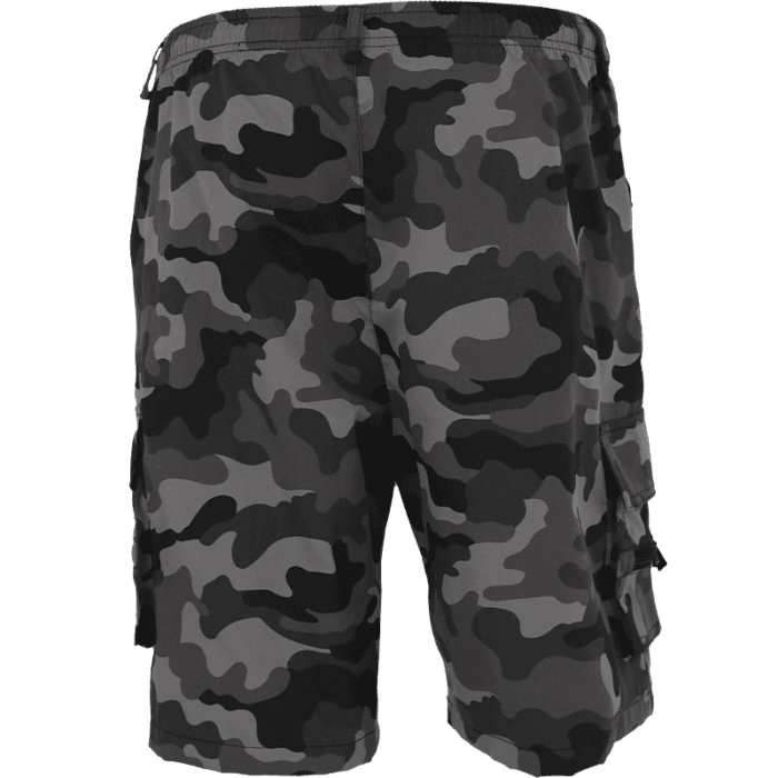 Full back view of men's grey camouflage cargo shorts, clearly showing the two rear cargo pockets and the overall fit from behind.