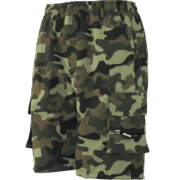 A pair of men's cargo shorts with a classic green-toned camouflage pattern, displaying its loose fit and functional pockets.