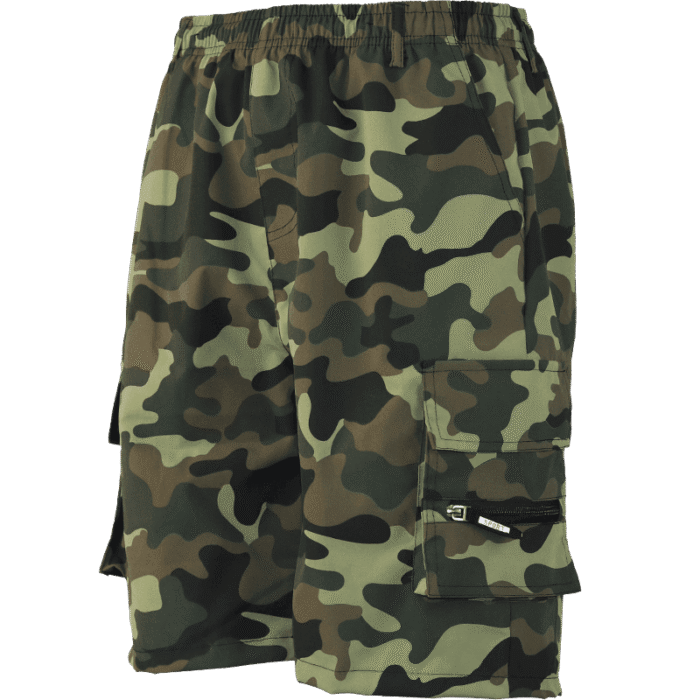 A pair of men's cargo shorts with a classic green-toned camouflage pattern, displaying its loose fit and functional pockets.