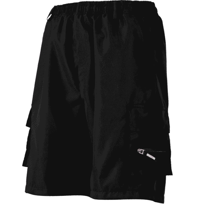 A pair of plain black men's cargo shorts, showing its elastic waistband and side pockets.