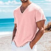 Men's Cotton And Linen Solid Color Short Sleeve - immagine 6