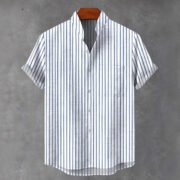 Men's Stand Collar Contrast Color Striped Casual Cool Versatile Short Sleeve - 图片 8