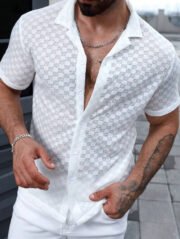 Men's Solid Color Lace Hollow Comfort Casual Shirt - Image 4