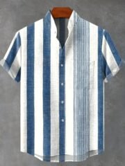 Men's Stand Collar Contrast Color Striped Casual Cool Versatile Short Sleeve - 图片 6