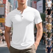Muscle Bamboo Retro Henley Shirt Short Sleeve - 图片 9