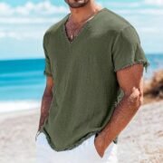 Men's Cotton And Linen Solid Color Short Sleeve - immagine 2