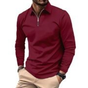 Zipper Men's Solid Color Long Sleeve Sports Polo Shirt - Image 9