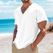 Men's Cotton And Linen Solid Color Short Sleeve - immagine 7